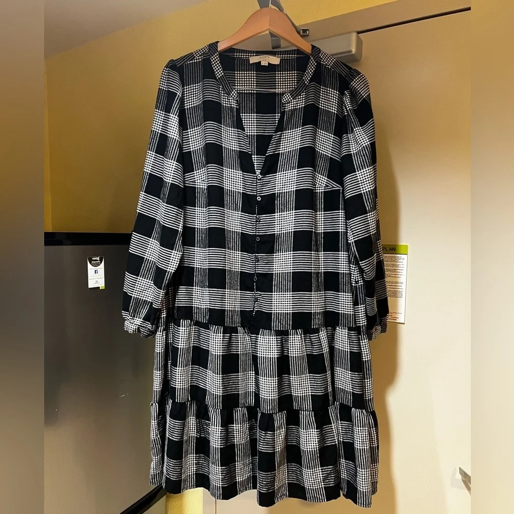 LOFT Plus Plaid Puff Sleeve Swing Dress 16W Black Plaid